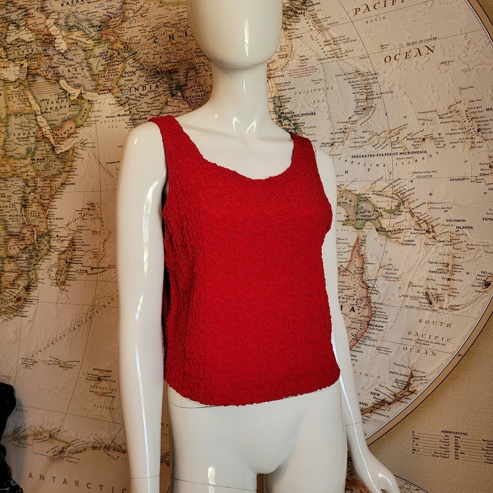 Valerie Stevens Petite ruched textured 100% silk red tank round neck classic 12P